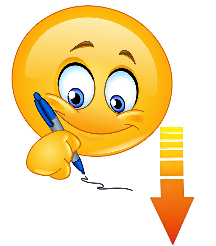 Happy emoticon writing with a pin and an arrow pointing down.